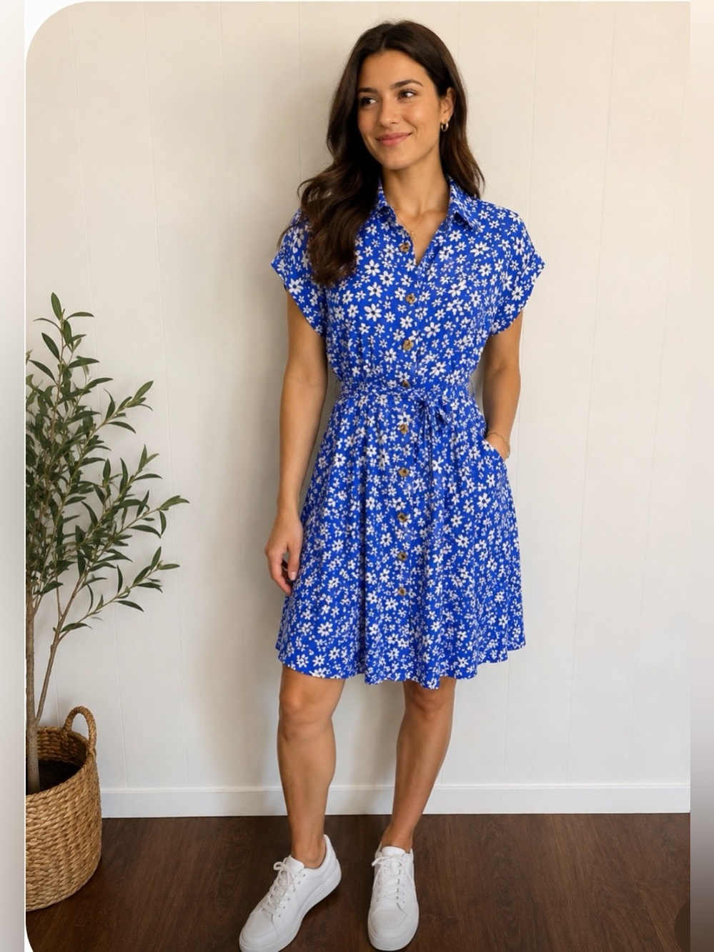 Calvin Klein Royal Blue Daisy-Print Shirt Dress
